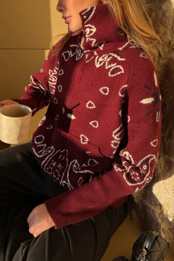 Fashionable Jacquard Turtleneck Long-sleeved Casual Zip-up Pocket Knit Top