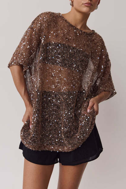 Edela Sheer Sequin Knit Fabric Short Sleeve Oversized Cover-up Tee