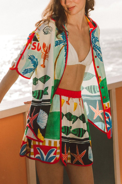 Linen Blend Summer-themed Printed Collared Short-Sleeve Loose-Fitting Shirt and Elastic Waist Casual Shorts Set