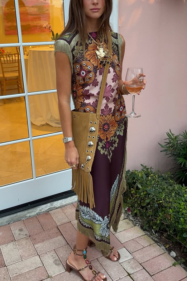 Bohemian Style Floral Print Tassel Trim Irregular Hem Slit Scarf Midi Dress | Consonak