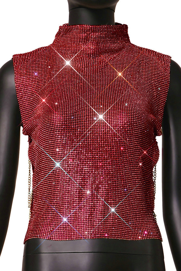 Sexy High-neck Rhinestone Metallic Top-consonak