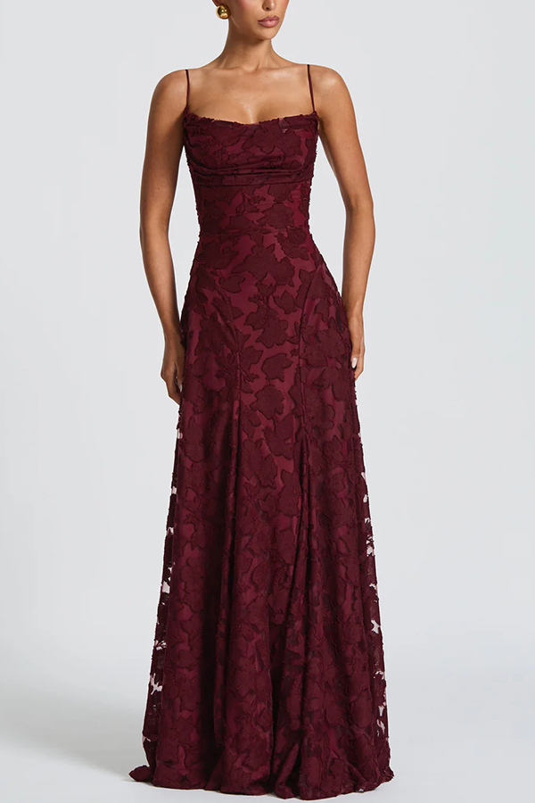 Francis Custom Floral Burnout Fabric Cowl Neck Back Lace-up Maxi Dress | Consonak