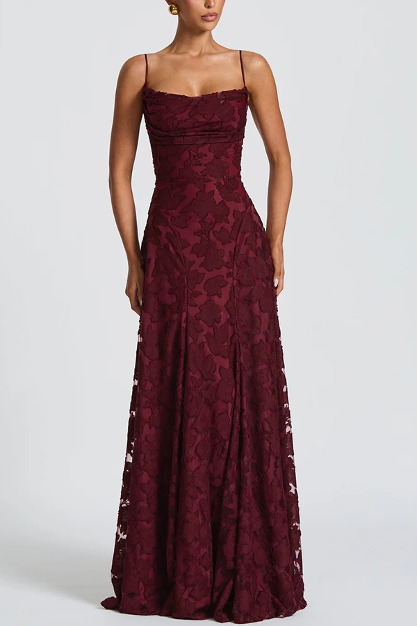 Francis Custom Floral Burnout Fabric Cowl Neck Back Lace-up Maxi Dress