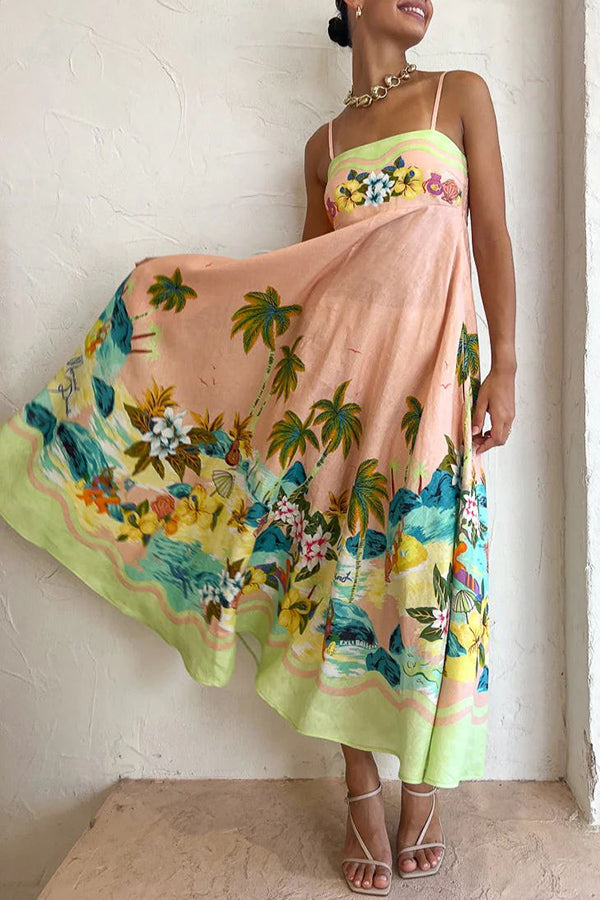 Coconut Scenery Linen Blend Tropical Print Smocked Back Midi Dress | Consonak