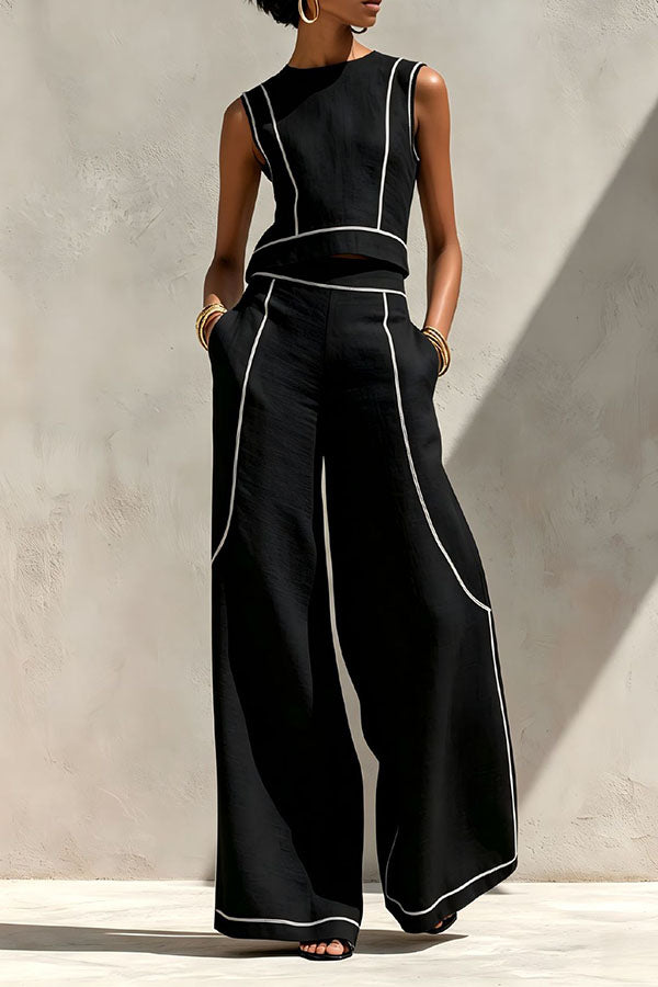 Elysia Contrast-Stitch Linen Two-Piece Set-Consonak