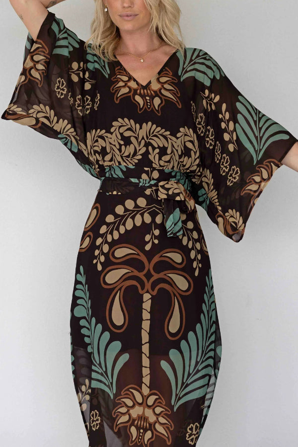 Bohemian Style Unique Printed Chiffon Loose-fitting Belted Maxi Dress