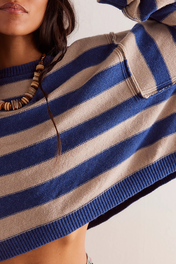 Striped Print Crew Neck Long Sleeve Loose Knitted Sweater-consonak