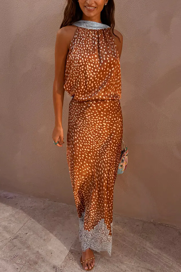 Stunning Fawn Print Contrast Color Satin Lace Trim Mid Rise Maxi Skirt-consonak