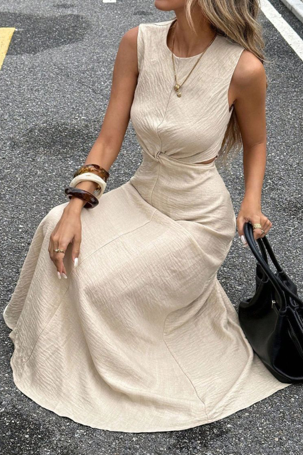 Solid Color Round Neck Sleeveless Hollowed-out Waist Knot Casual Maxi Dress | Consonak