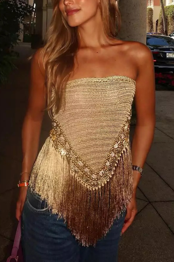 Fashionable Sleeveless Off-shoulder Tassel Hem Strapless Top | Consonak