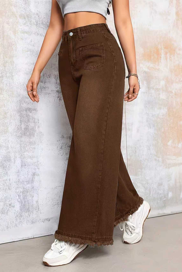 Stylish Loose-fitting Frayed Hem Casual Pocket Wide-leg Jeans