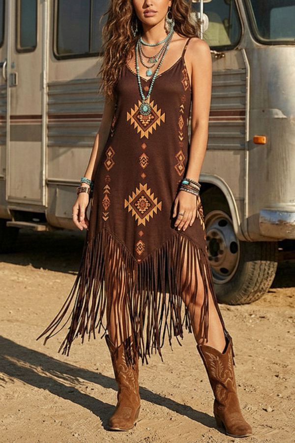 Unique Printed Sleeveless Suspender Casual Tassel Hem Midi Dress