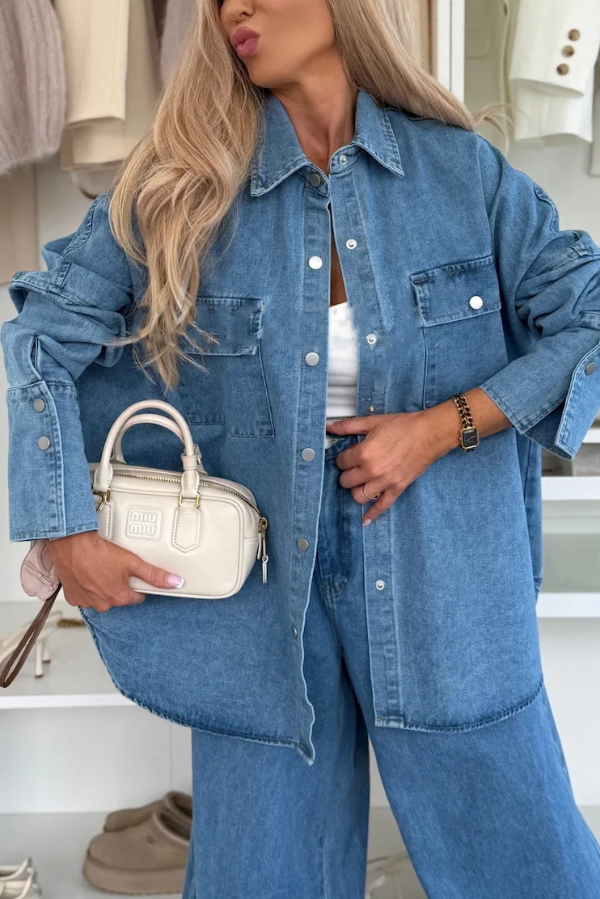 Stylish Denim  Button Down Long Sleeve Pocket Oversized Blouse-consonak