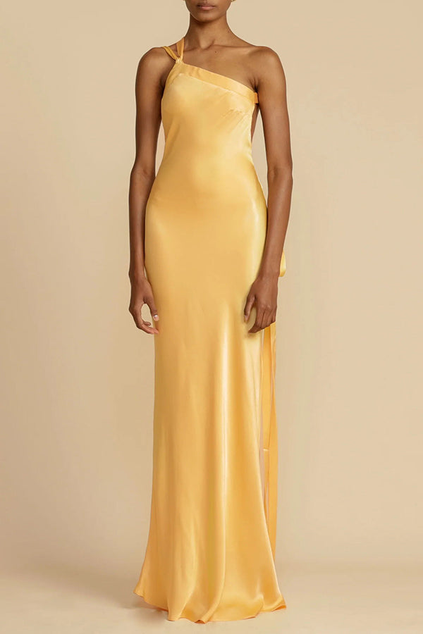 Moonlit Soiree Satin Asymmetrical One Shoulder Backless Strap Maxi Dress | Consonak