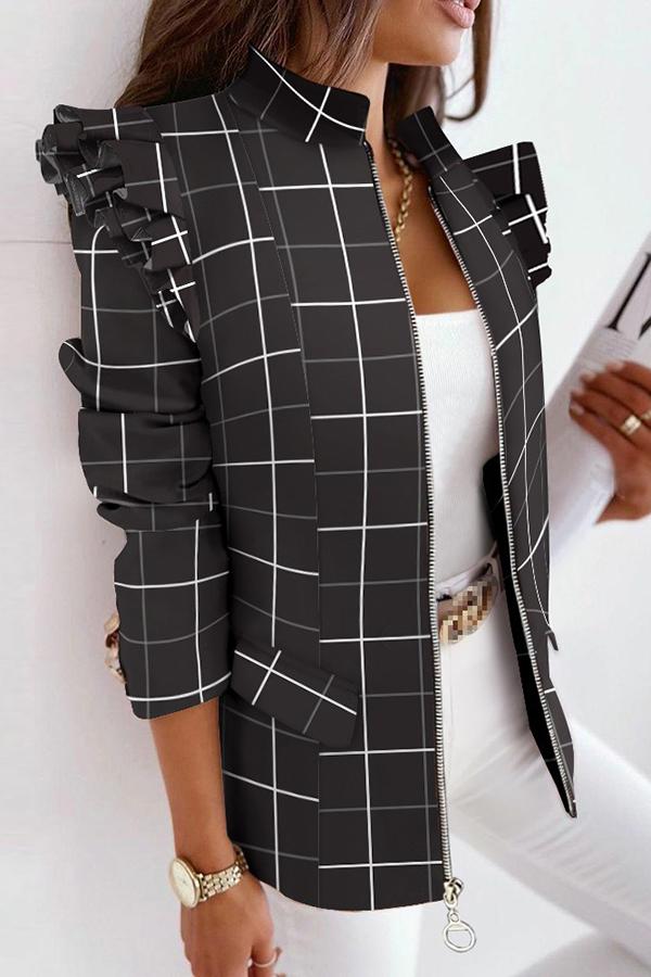 Melrose Plaid Print Ruffles Sleeve Zipper Up Coat-consonak