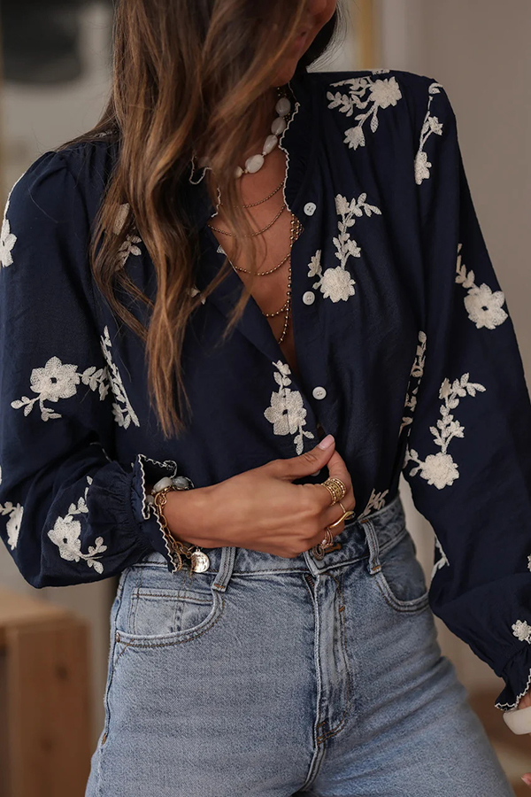 Floral Embroidery Long-Sleeved Button-Up Elegant Shirt-consonak