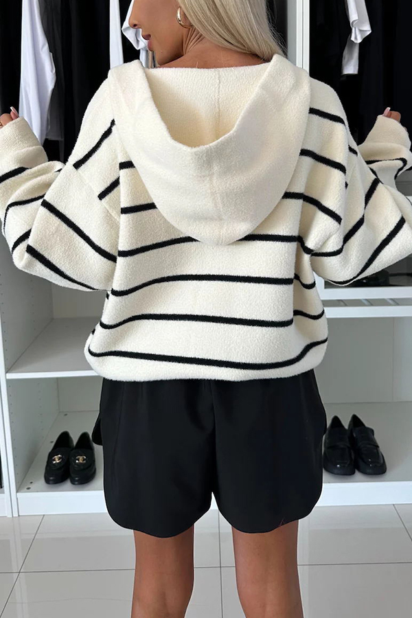 Fashion and Comfort Knit Striped Button Up Pocketed Loose Hooded Cardigan-consonak