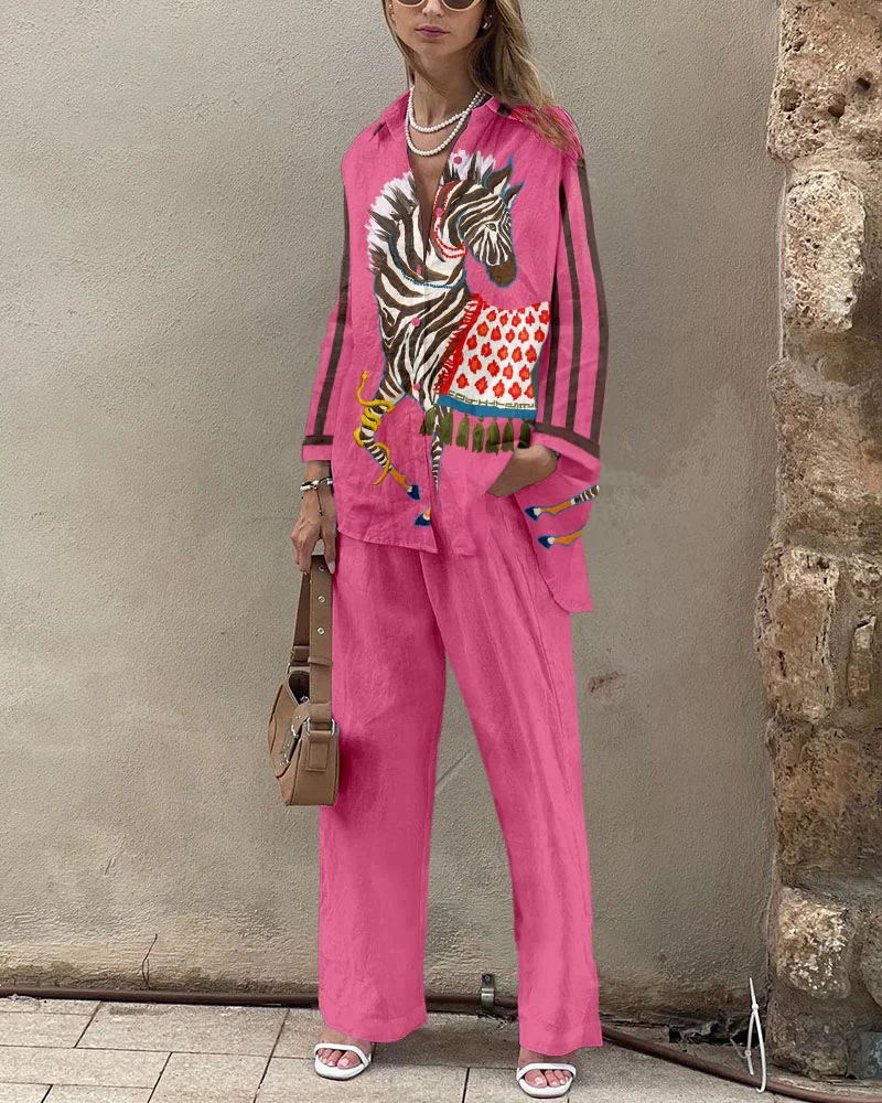 Horse Print Oversized Long Sleeved Shirt and Elastic Waist Pocket Pants Set-consonak