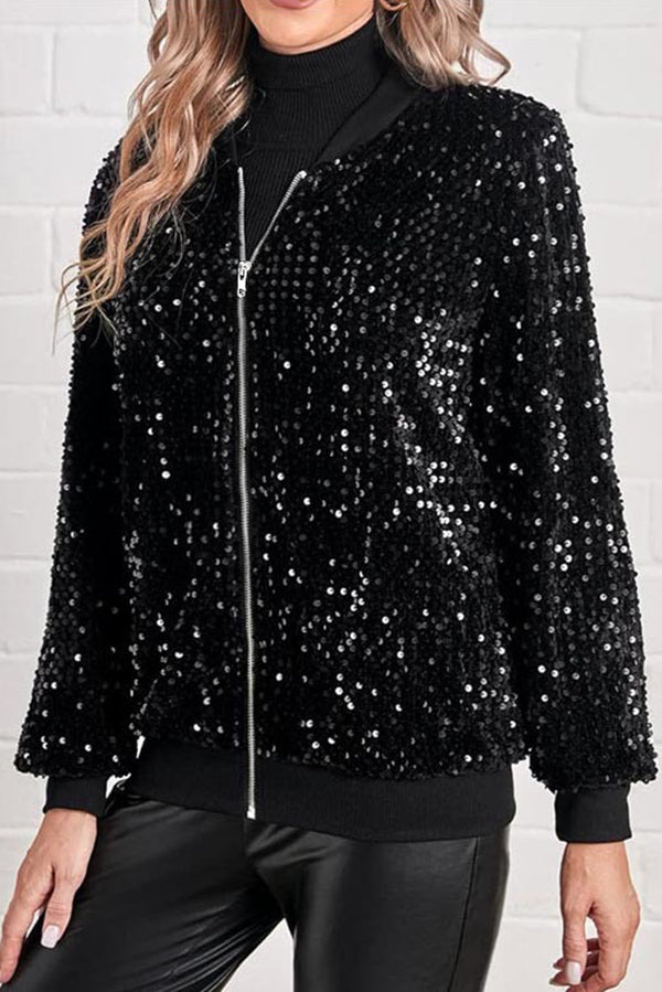Fashionable Sequined Long-sleeved Zip-up Casual Jacket-consonak