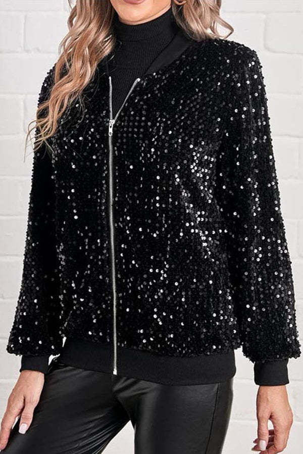 Fashionable Sequined Long-sleeved Zip-up Casual Jacket-consonak