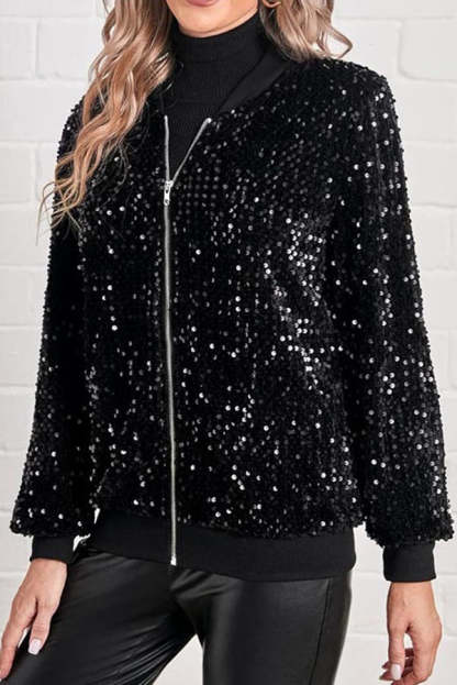 Fashionable Sequined Long-sleeved Zip-up Casual Jacket-consonak