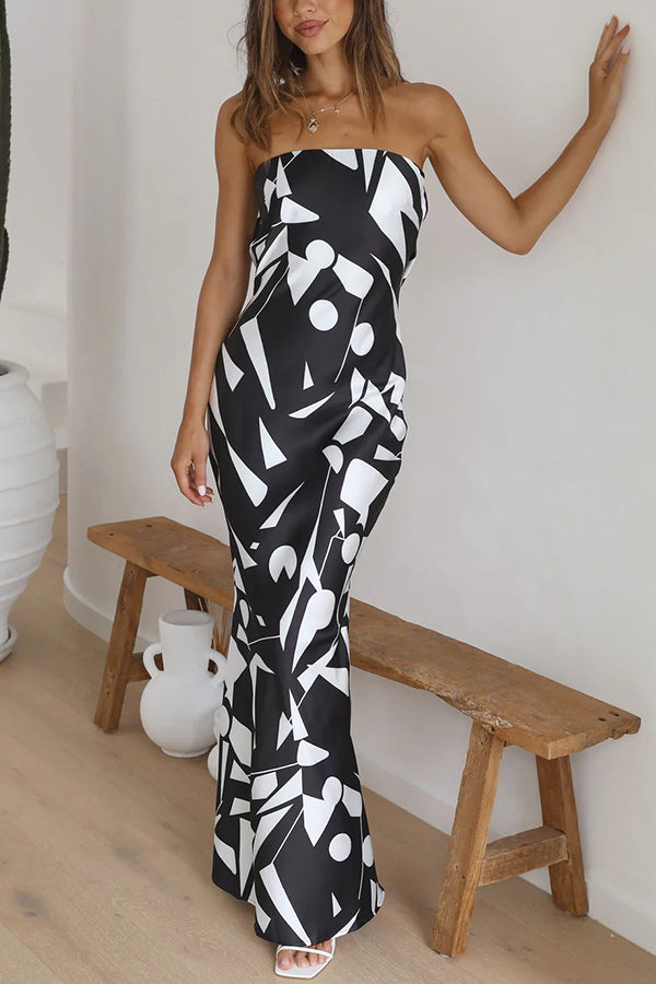 Cassy Satin Geometric Print Off Shoulder Maxi Dress-consonak