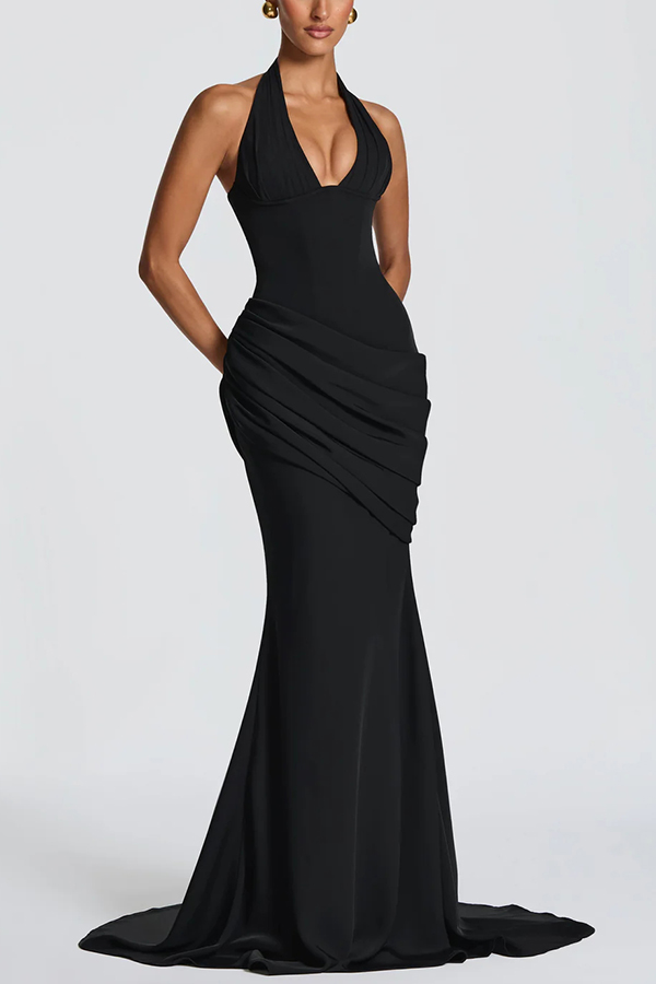 Nehemia Halter V-neck Back Lace-up Asymmetric Pleated Panel Drapes Maxi Dress-consonak