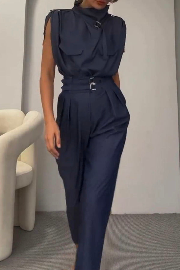 Statement Breast Pocket High Neck Top and Side Pocket Belt Long Pant Set-consonak
