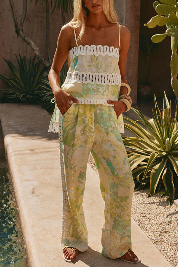 Summer Elegant Printed Curved Crochet Trim Camisole Top and Elastic Waist Casual Pocket Wide-leg Pants Set-Consonak