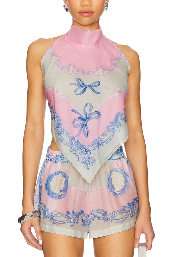 Amalfi Coast Satin Unique Print Scarf Top and Elastic Waist Pocket Loose Shorts Set | Consonak