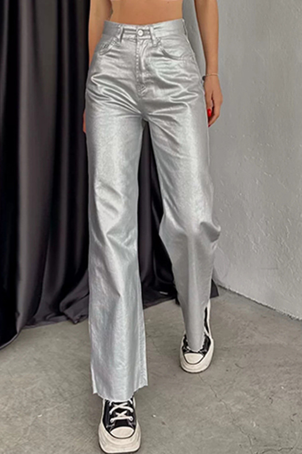 Stylish Metallic Fabric Pocket Casual Straight Wide-Leg Pants-consonak