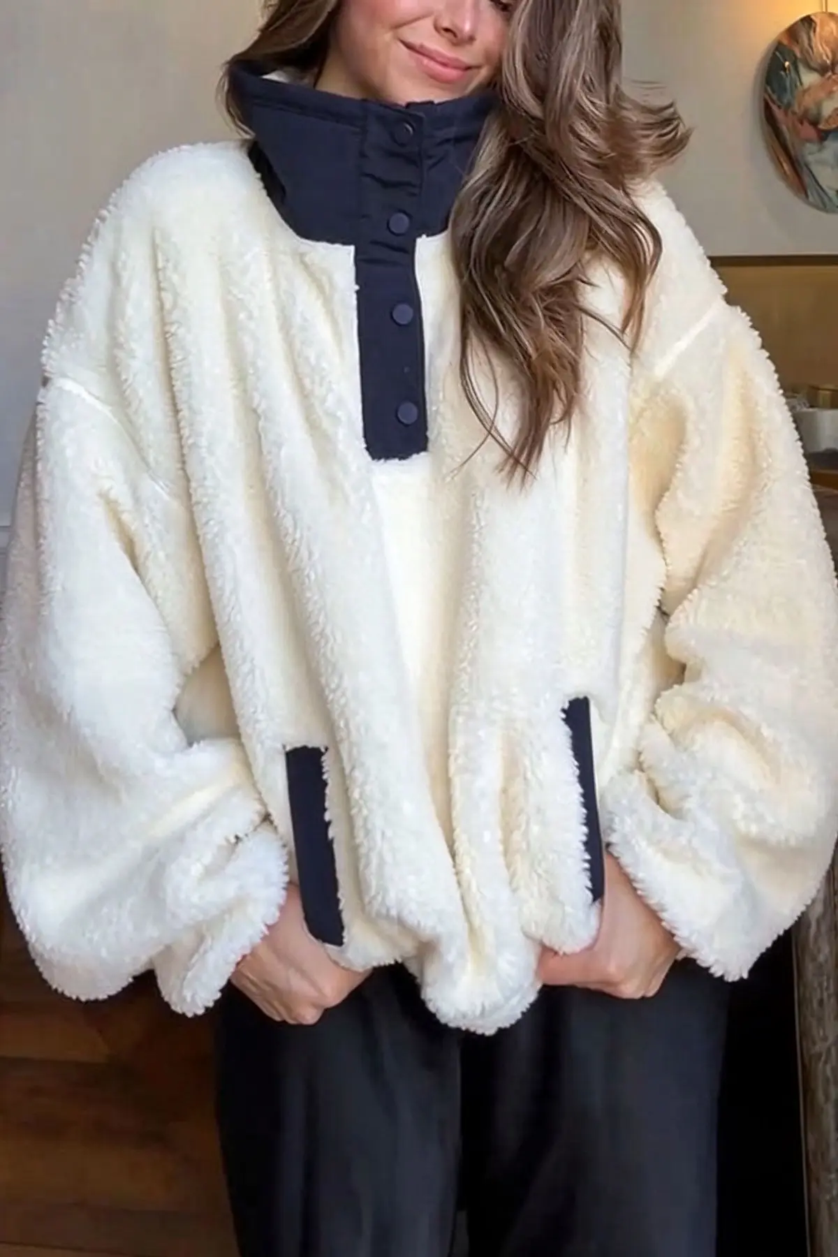 Cute Bear Print Colorblock High-Pile Fleece Zipper High Neck Long Sleeve Pocket Sweatshirts-Consonak