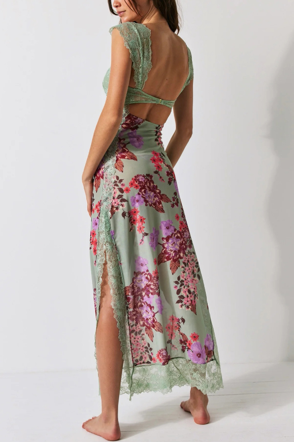 Floral Print Lace Patchwork Hollow-out Slim-fit Midi Dress-consonak