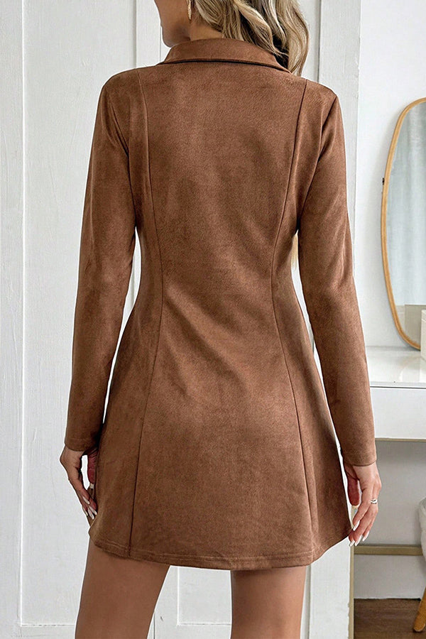 Stylish Suede Collared Long-sleeved Slim-fit Mini Dress-consonak