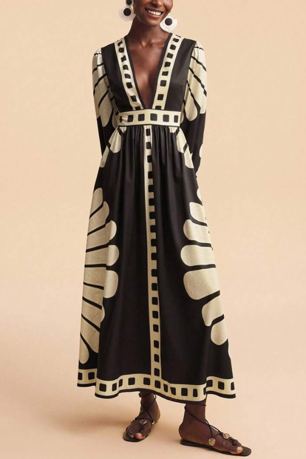 Unique Print V-Neck Long Sleeve Casual Vacation Maxi Dress