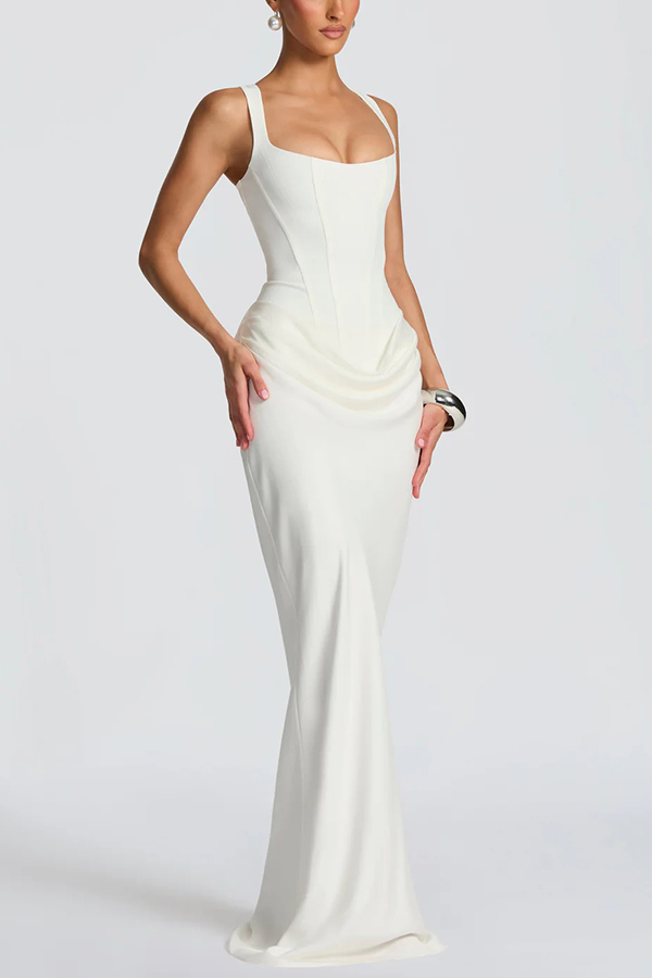 Larrah Square Neck Back Lace-up Satin Drape Hem Maxi Dress-consonak