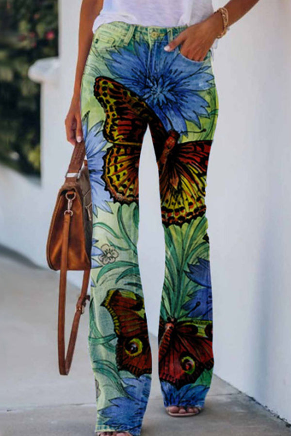 On A Drive Printed Faux Denim High Rise Flare Pants | Consonak