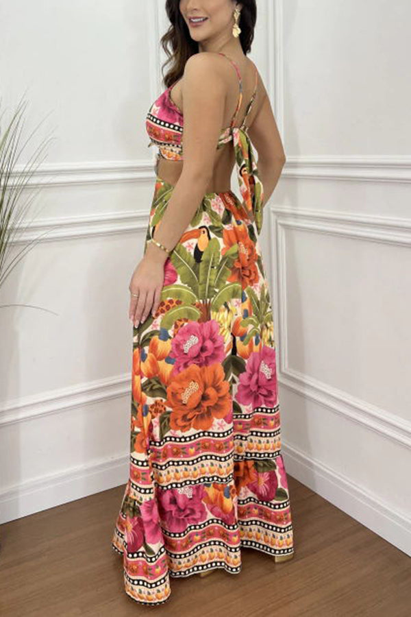 Mexico Style Tropical Print Ring Cutout Lace-up Vacation Maxi Dress-consonak