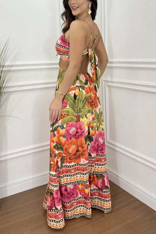 Mexico Style Tropical Print Ring Cutout Lace-up Vacation Maxi Dress-consonak