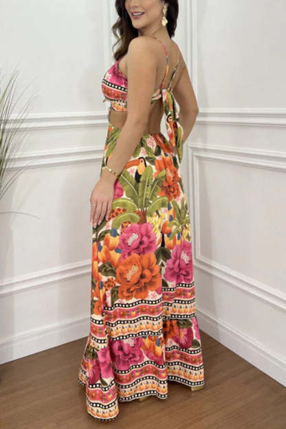 Mexico Style Tropical Print Ring Cutout Lace-up Vacation Maxi Dress-consonak
