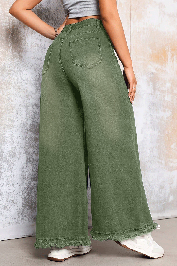 Stylish Loose-fitting Frayed Hem Casual Pocket Wide-leg Jeans