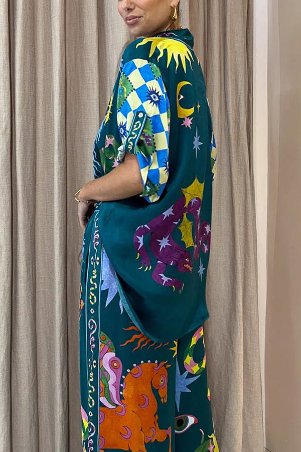 Beachy Chic Linen Blend Unique Print Button Down Oversized Blouse-consonak