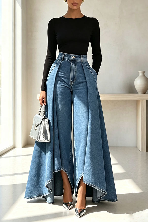 High-Waist Overlay Wide-Leg Jeans-Consonak
