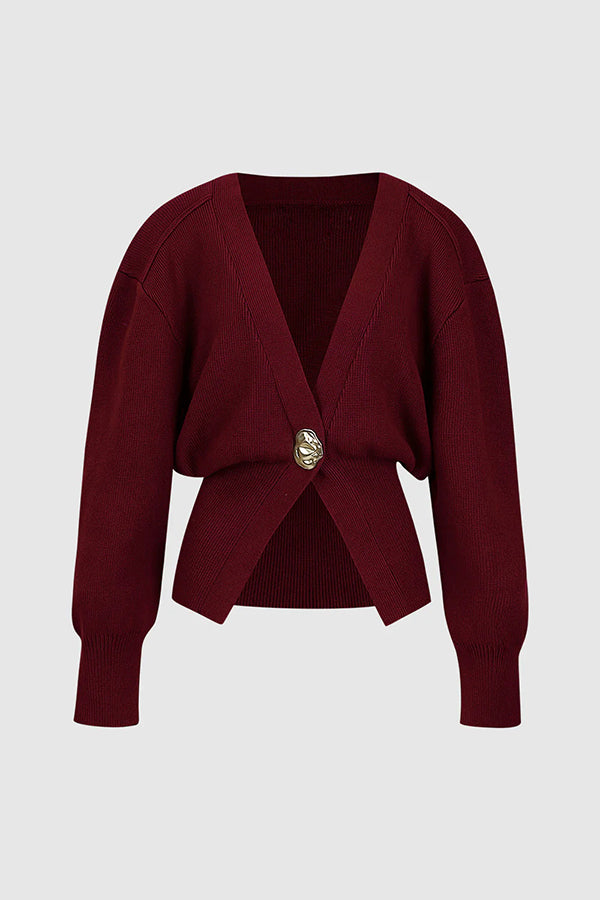 Only Yours Knit Metal Leaf Shape Button Lantern Sleeve Relaxed Cardigan | Consonak