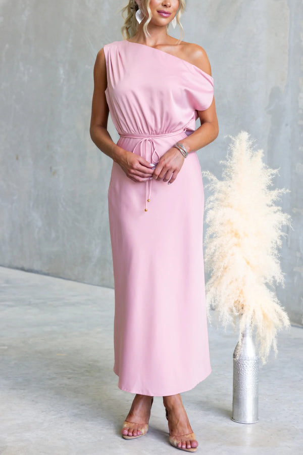 Solid Color One-shoulder Sleeveless Belted Casual Maxi Dress-consonak