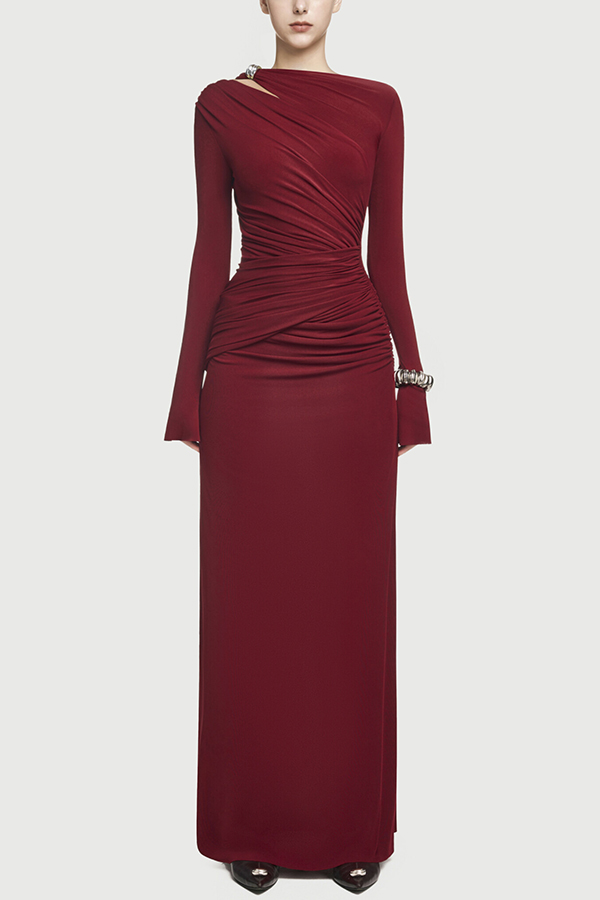 Stylish Long-sleeved Slim-fit Pleated Elegant Maxi Dress-consonak