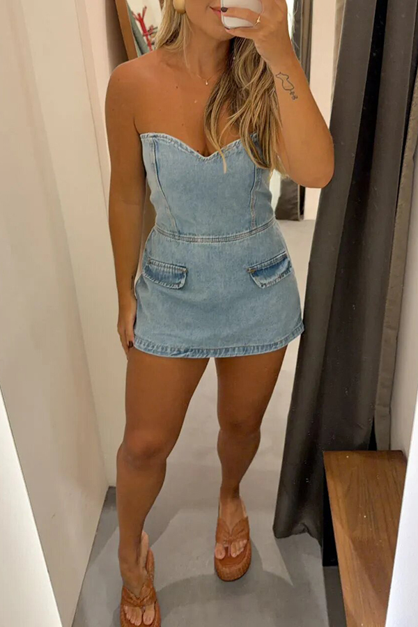 Avantie Denim Off Shoulder Back Smocked Zipper Romper