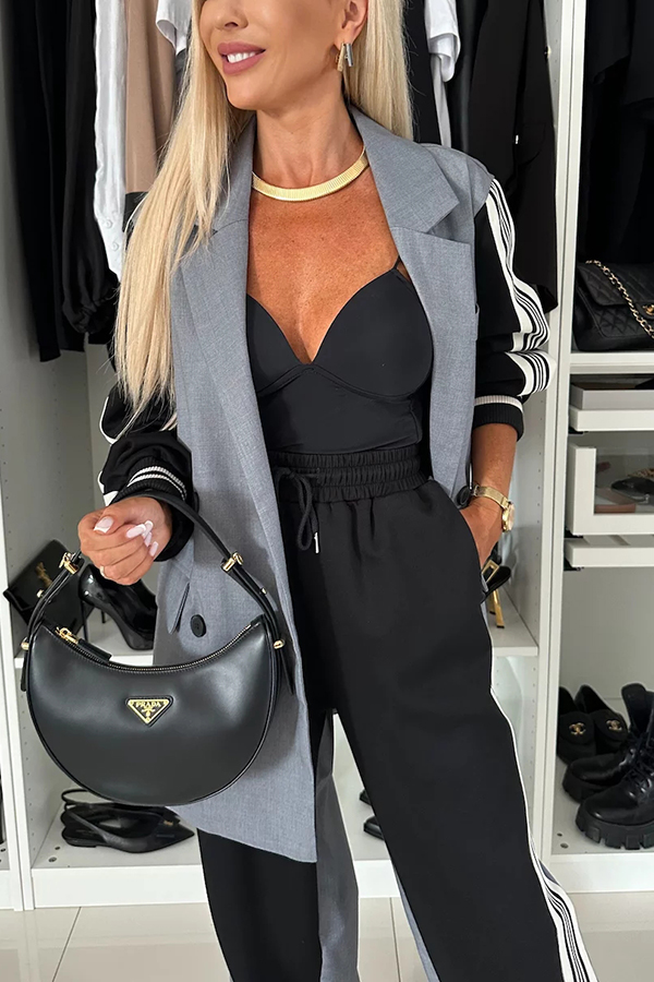 Pleasant Breathe Sweatshirt Patchwork Oversized Blazer and Elastic Waist Pocket Loose Pants Set-Consonak