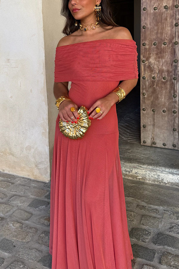 In My Arms Mesh Ruched Strapless Paneled Drape Flare Maxi Dress