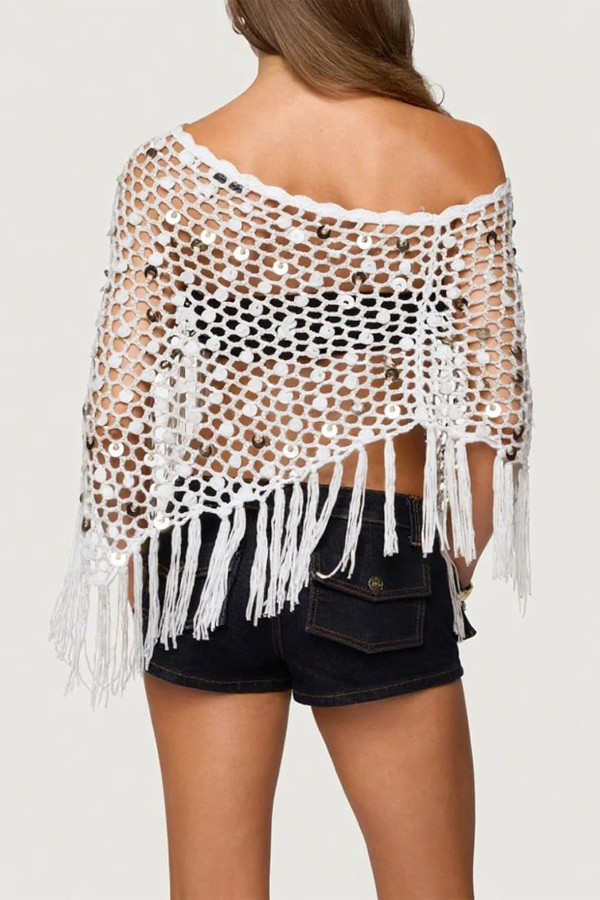 Fashionable Sequined Openwork Woven Tassel Resort Cape-consonak